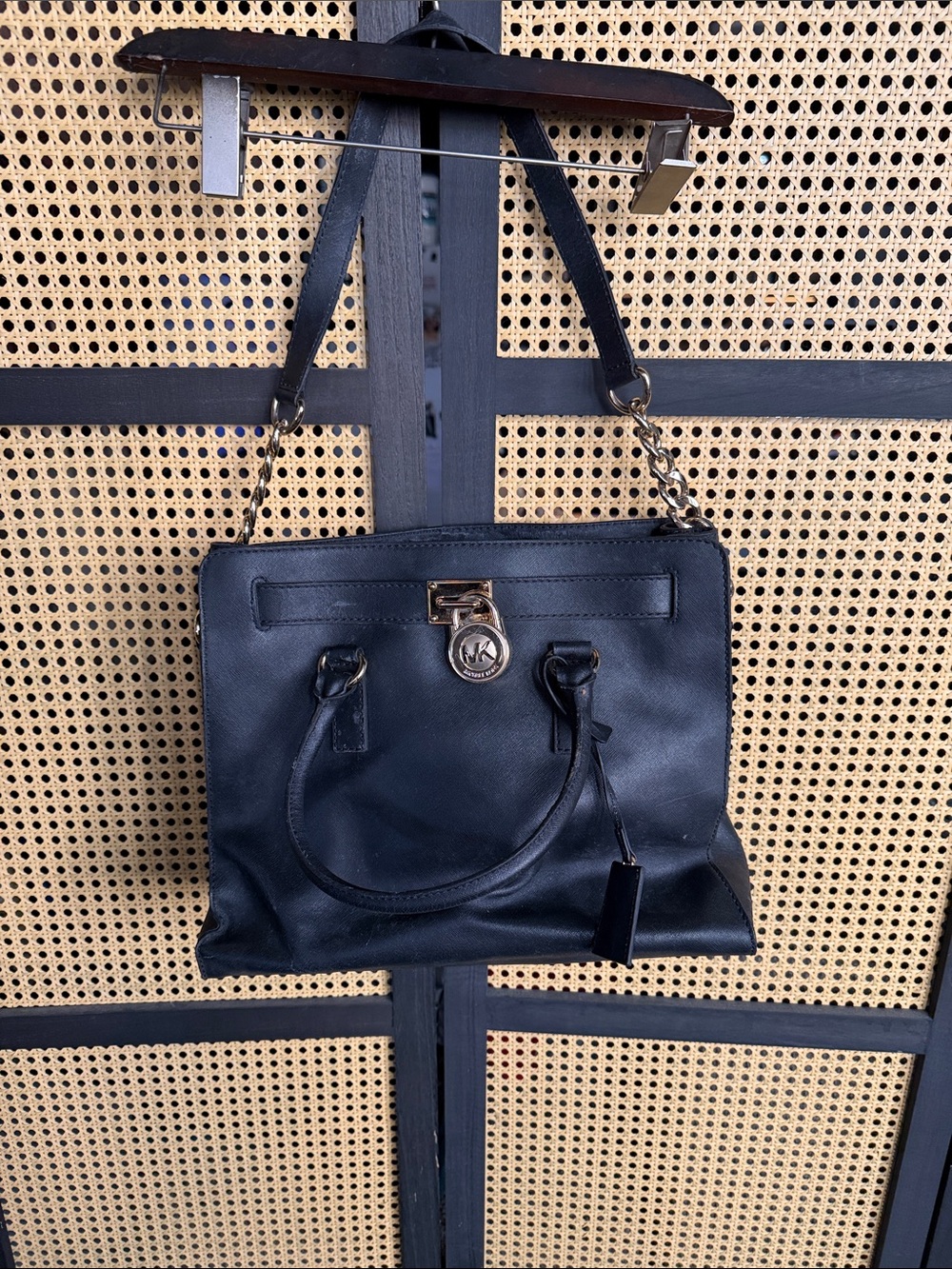 Michael Kors Black Leather Tote with Gold Hardware